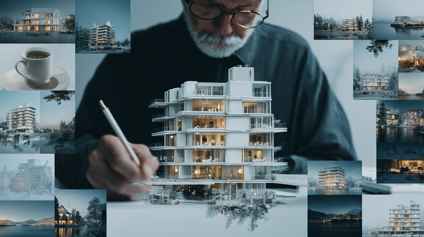 Person drawing a detailed architectural model with cityscape images in the background